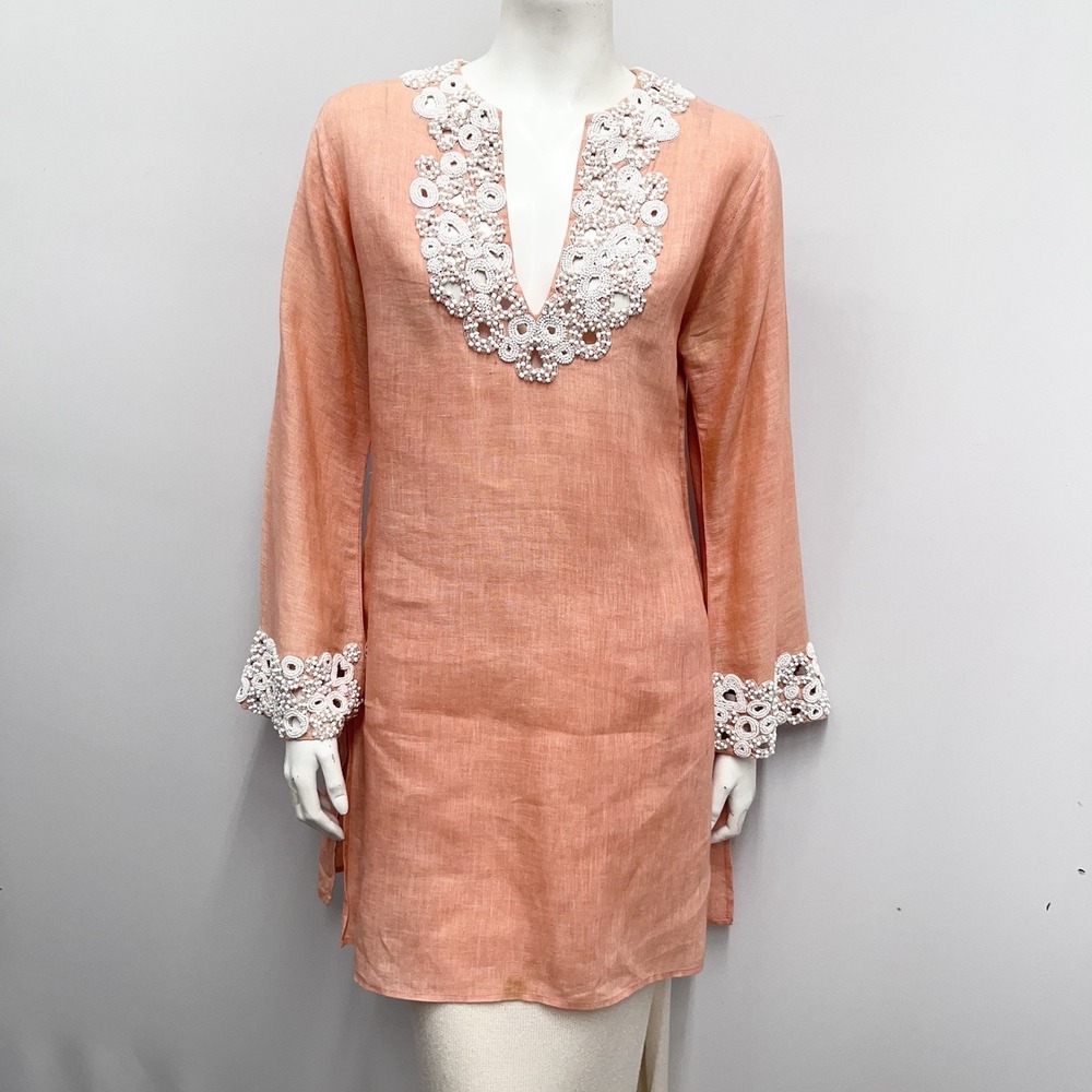 Vintage Trillion Linen Tunic Top Coral HEAVILY Beaded in White Size Medium M TLC